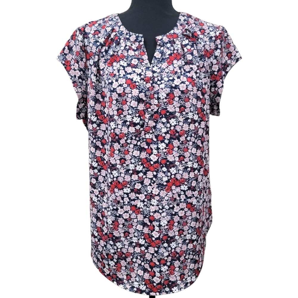 Patriotic Blouse Women's XL Navy Red Floral Cap Sleeve Split Neck Top EUC